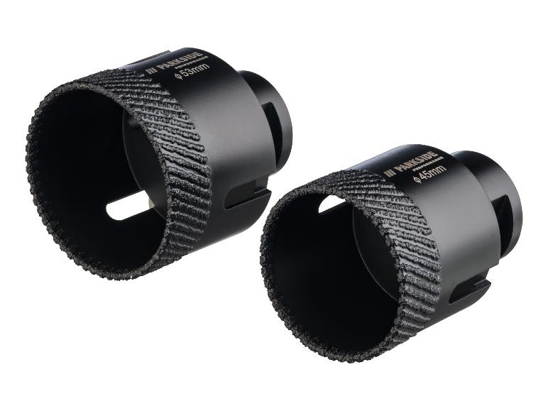 Dve čierne diamantové korunky, jedna 53 mm a jedna 45 mm
