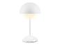 Biela stolová lampa s pologuľovitým tienidlom a svietiacou guľou.