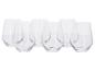 Sada šiestich priehľadných, bezstopkových sklenených pohárov s jedinečným tvarom.