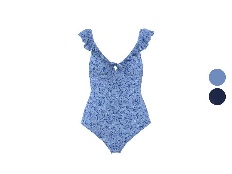 Modré jednodielne plavky s kvetinovým vzorom a volánmi na ramenách
