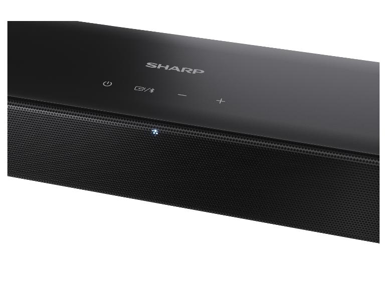 Čierny soundbar s dotykovými ovládacími prvkami a LED indikátorom.