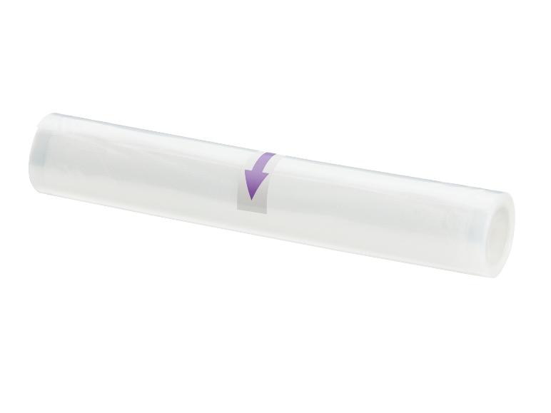 Rolka priehľadnej vákuovej fólie s fialovou šípkou na bielom štítku.