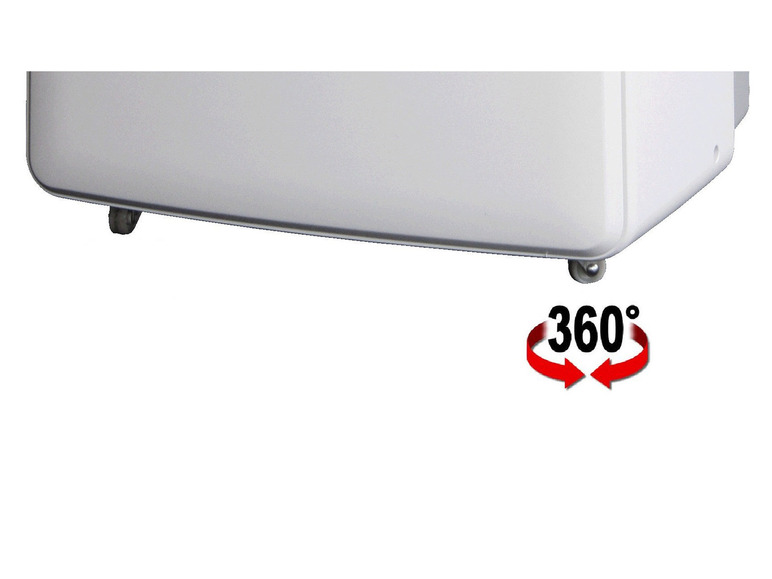 Biely spotrebič s kolieskami, ktoré sa otáčajú o 360 stupňov.