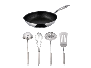 SILVERCREST® Panvica z ušľachtilej ocele Premium s keramickou vrstvou, Ø 24 cm + Súprava kuchynských pomôcok Premium, 4-dielna