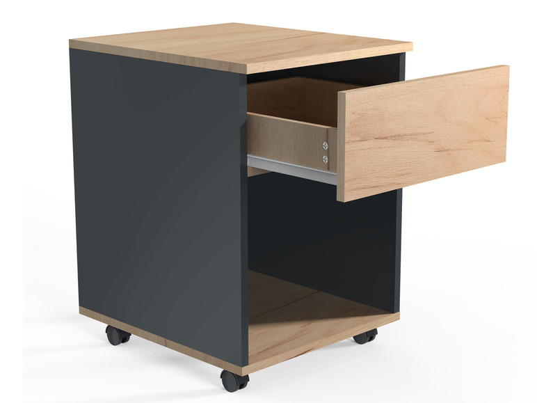 Tmavosivá skrinka s zásuvkou a kolieskami.