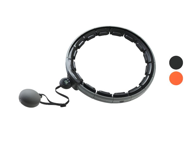 Sivý a čierny inteligentný hula hoop s digitálnym počítadlom a pripojenou záťažovou guľou.