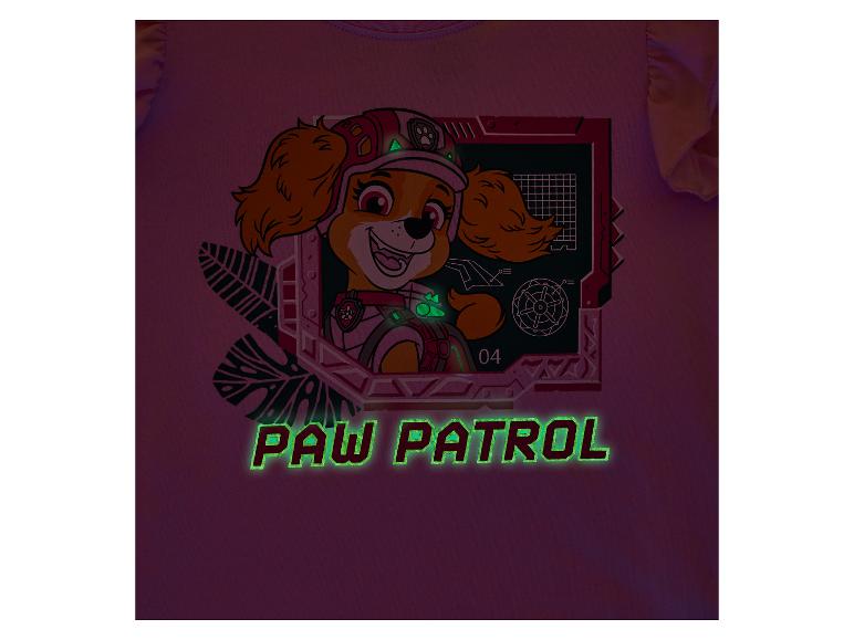 Ružové tričko s motívom usmievavého šteniatka a svietiacim nápisom „PAW PATROL“.