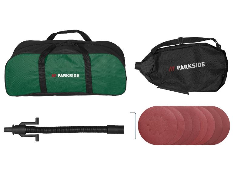 Taška na náradie Parkside, vrecko na prach, hadica, imbusový kľúč a brúsne kotúče