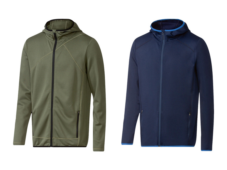 Dve mikiny s kapucňou a zipsom, jedna zelená a druhá tmavomodrá.