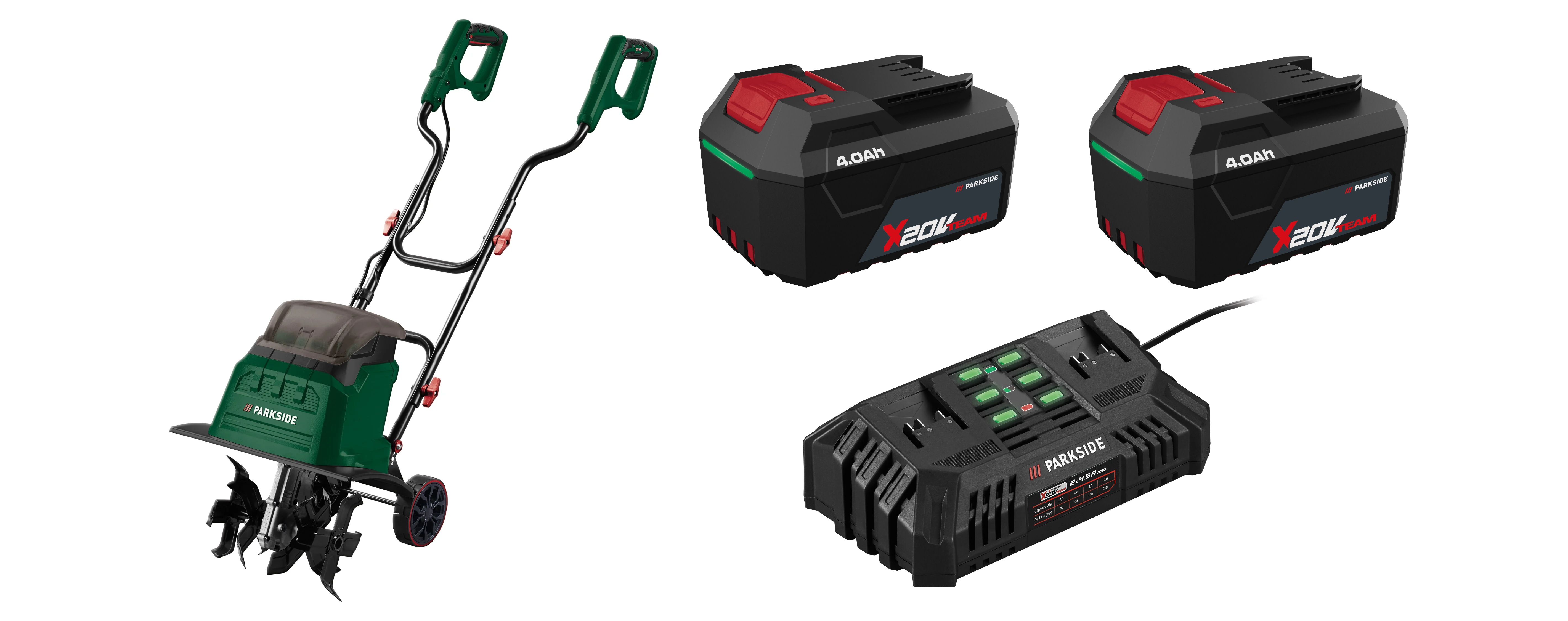 PARKSIDE® Aku kultivátor 40 V PABH B2 + Akumulátor 20 V/4 Ah PAP 204 A1, 2 kusy + Dvojitá nabíjačka 20 V/4,5 A PDSLG 20 B1