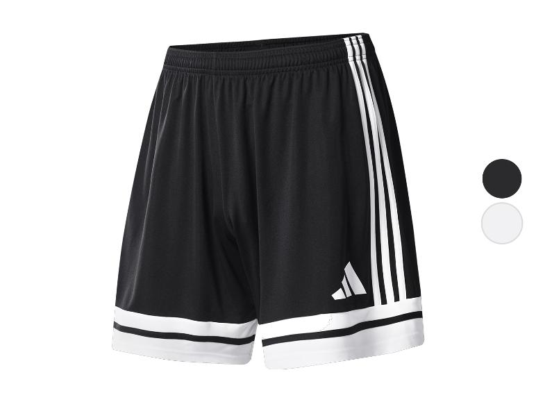 Čierne športové šortky Adidas s bielymi pruhmi a logom