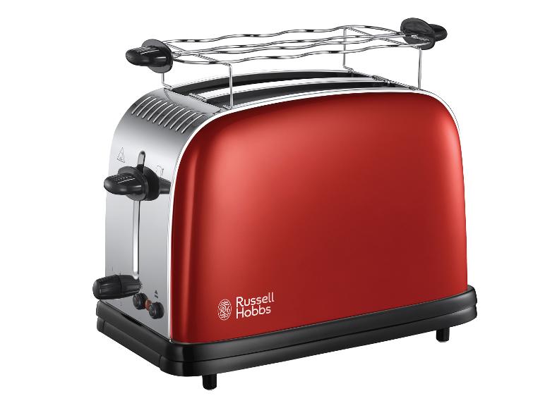 Červený toastovač Russell Hobbs s vyhrievacím stojanom.