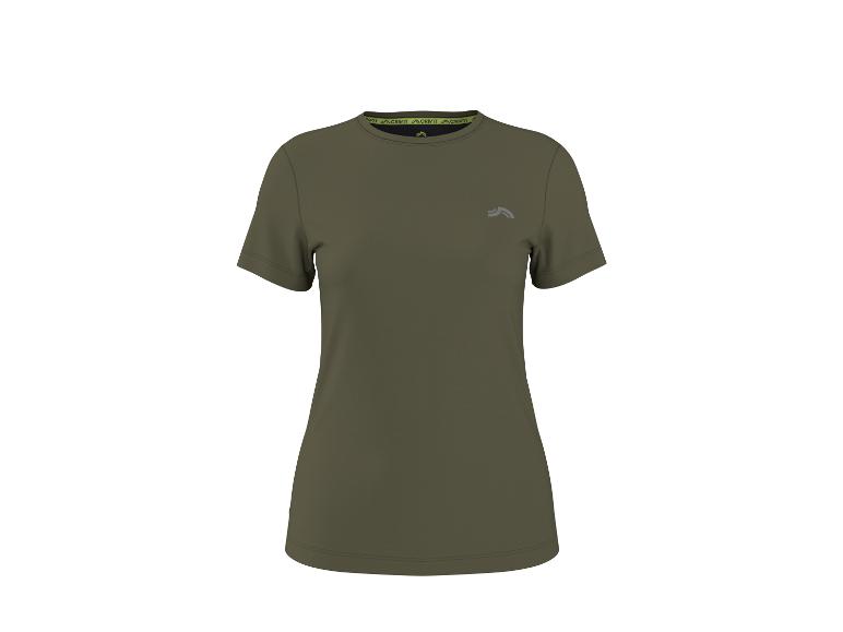 Khaki zelené dámske športové tričko s krátkym rukávom s malým sivým logom na hrudi.