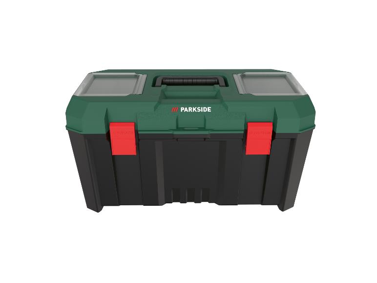 Zelený a čierny box na náradie s rukoväťou a červenými uzávermi.