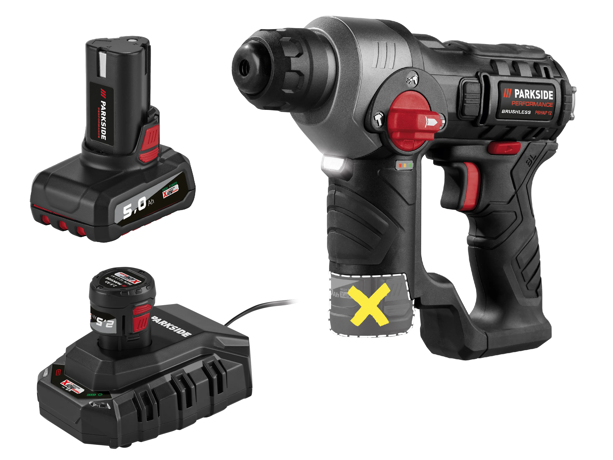 PARKSIDE PERFORMANCE® Aku vŕtacie kladivo 12 V PBHAP 12 A1 + Akumulátor 12 V/2,5 Ah + Akumulátor 12 V/5 Ah + Nabíjačka 6 A
