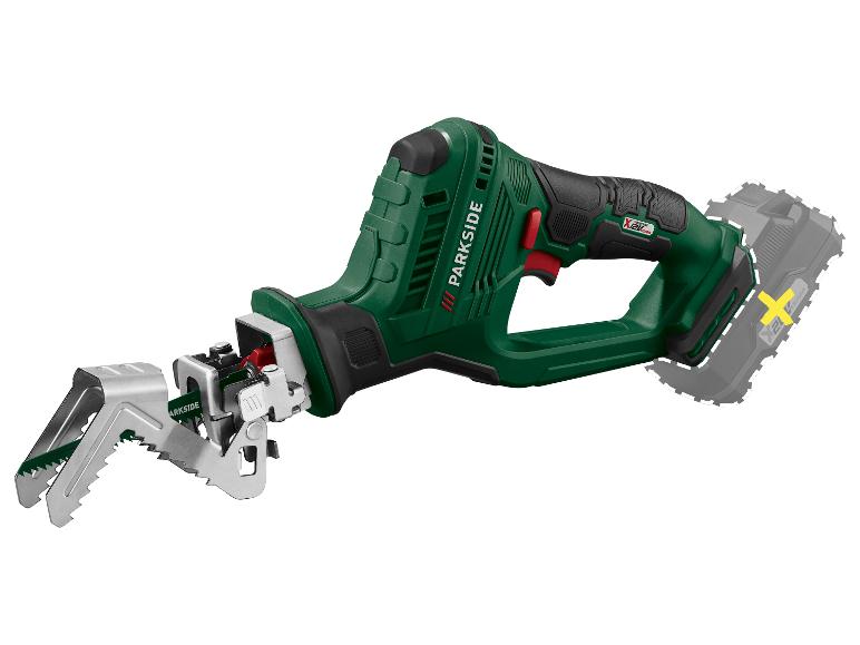 Akumulátorová píla PARKSIDE v zeleno-čiernom prevedení s vyznačenou batériou.
