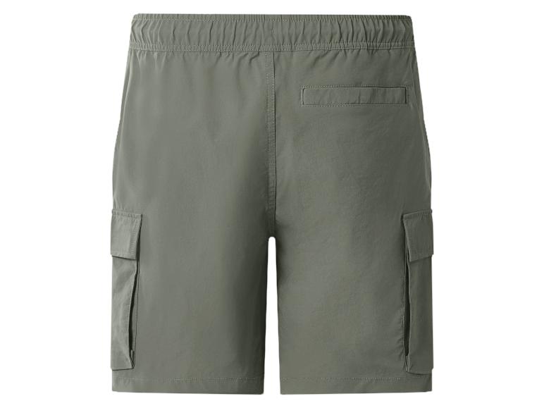 Pánske khaki cargo šortky s elastickým pásom a vreckami.