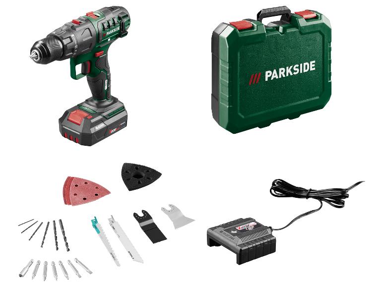 Akumulátorová vŕtačka s batériou, nabíjačkou, puzdrom a DIY príslušenstvom.