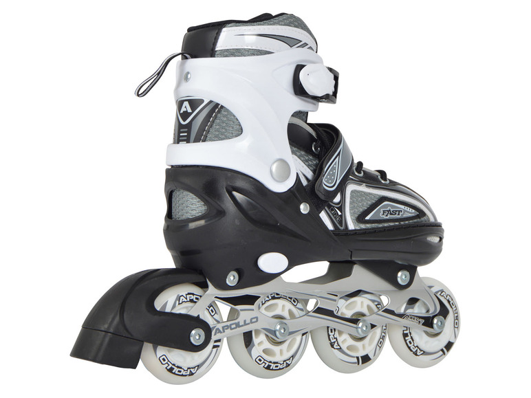 Inline korčule čiernej farby s bielymi detailmi a kolieskami Apollo.