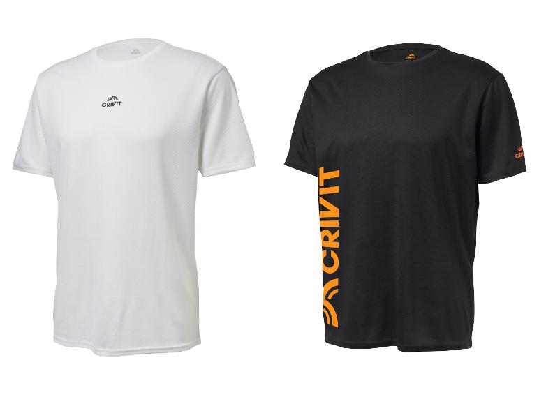 Dve športové tričká Crivit, jedno biele s čiernym logom a jedno čierne s oranžovým logom.