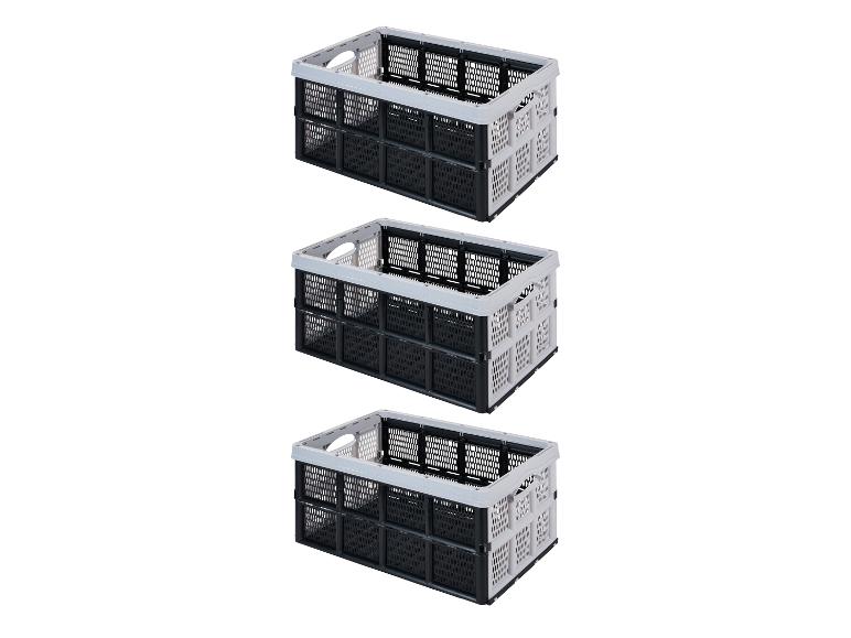 Tri skladacie úložné boxy v čiernej a sivej farbe.