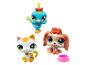 Tri figúrky Littlest Pet Shop: modrý vták, hnedý pes a biela mačka s miskou.