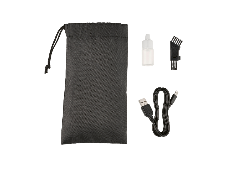 Príslušenstvo ku strihaču vlasov: puzdro, olej, čistiaca kefa a USB nabíjací kábel.
