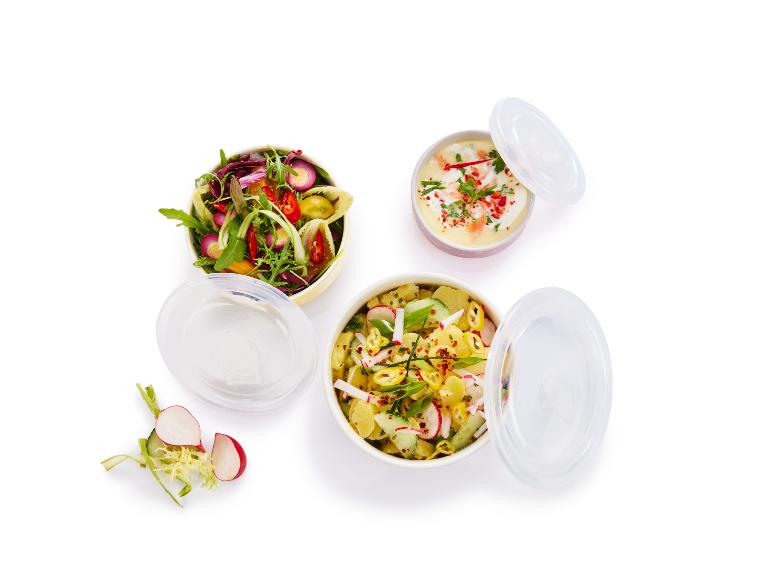 Dve šaláty, jeden s zemiakmi a druhý s rôznou zeleninou, v nádobách s viečkami