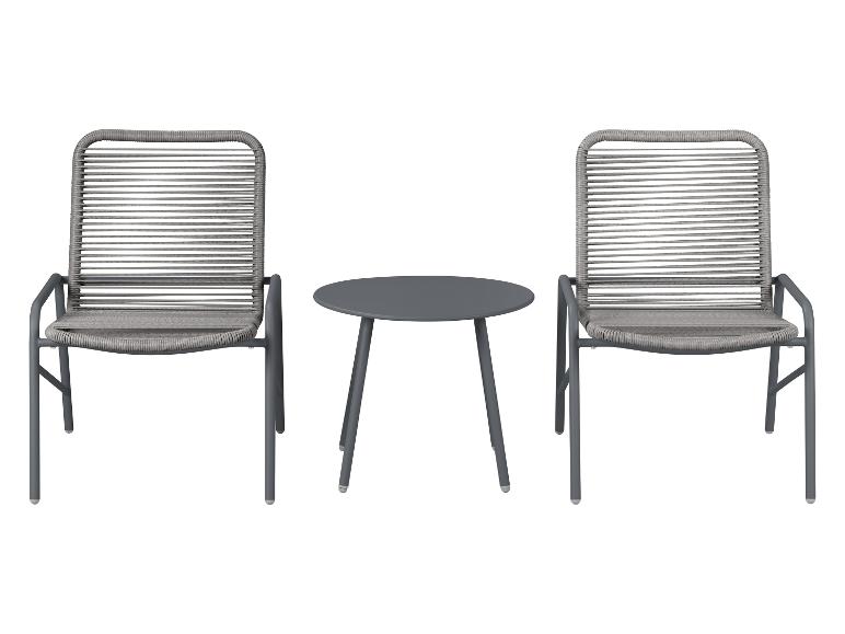 Dve sivé vonkajšie stoličky s lanovým výpletom a zodpovedajúci okrúhly stôl.