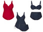 Červené plavky, modrá bikiny a modrá tankini.