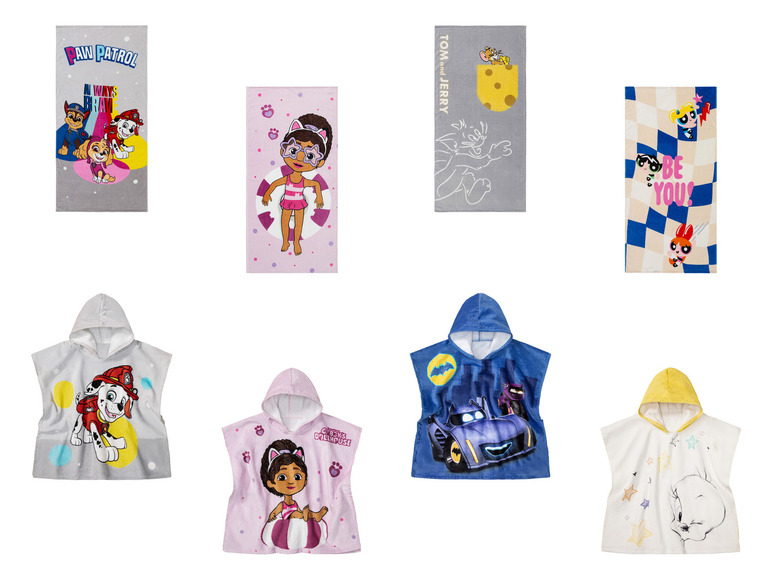 Plážové uteráky a plážové pončo s motívmi Paw Patrol, Gabby's Dollhouse, Tom & Jerry a Powerpuff Girls.