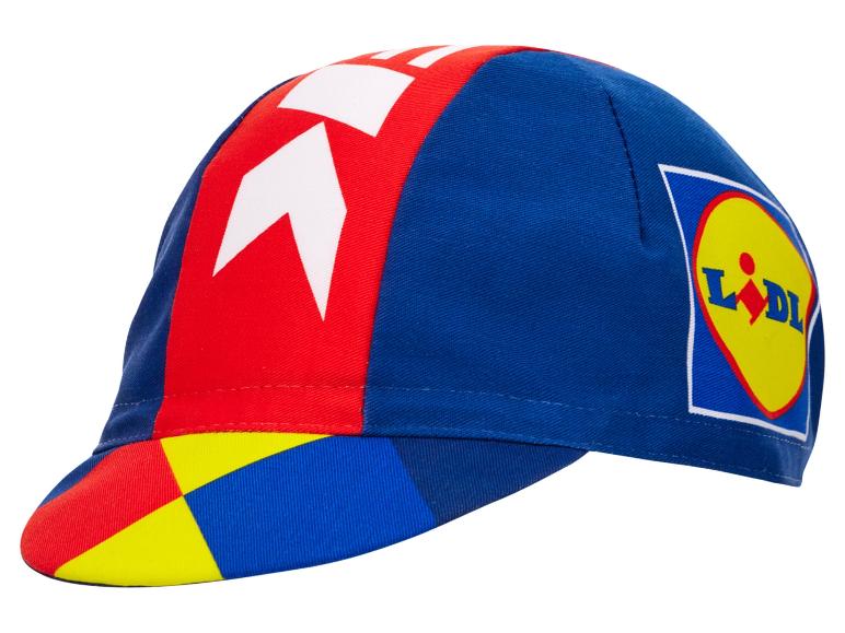Cyklistická čiapka Lidl: červená, modrá, žltá.