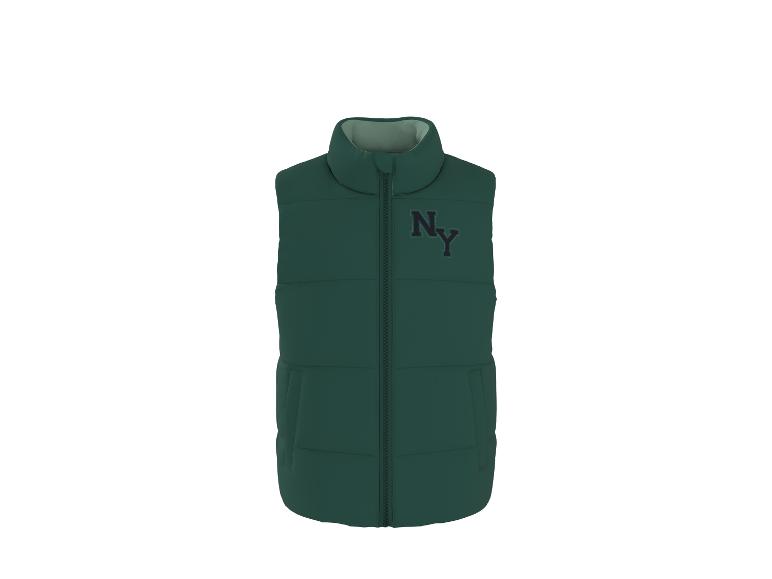 Zelená prešívaná vesta s logom „NY“ na hrudi.