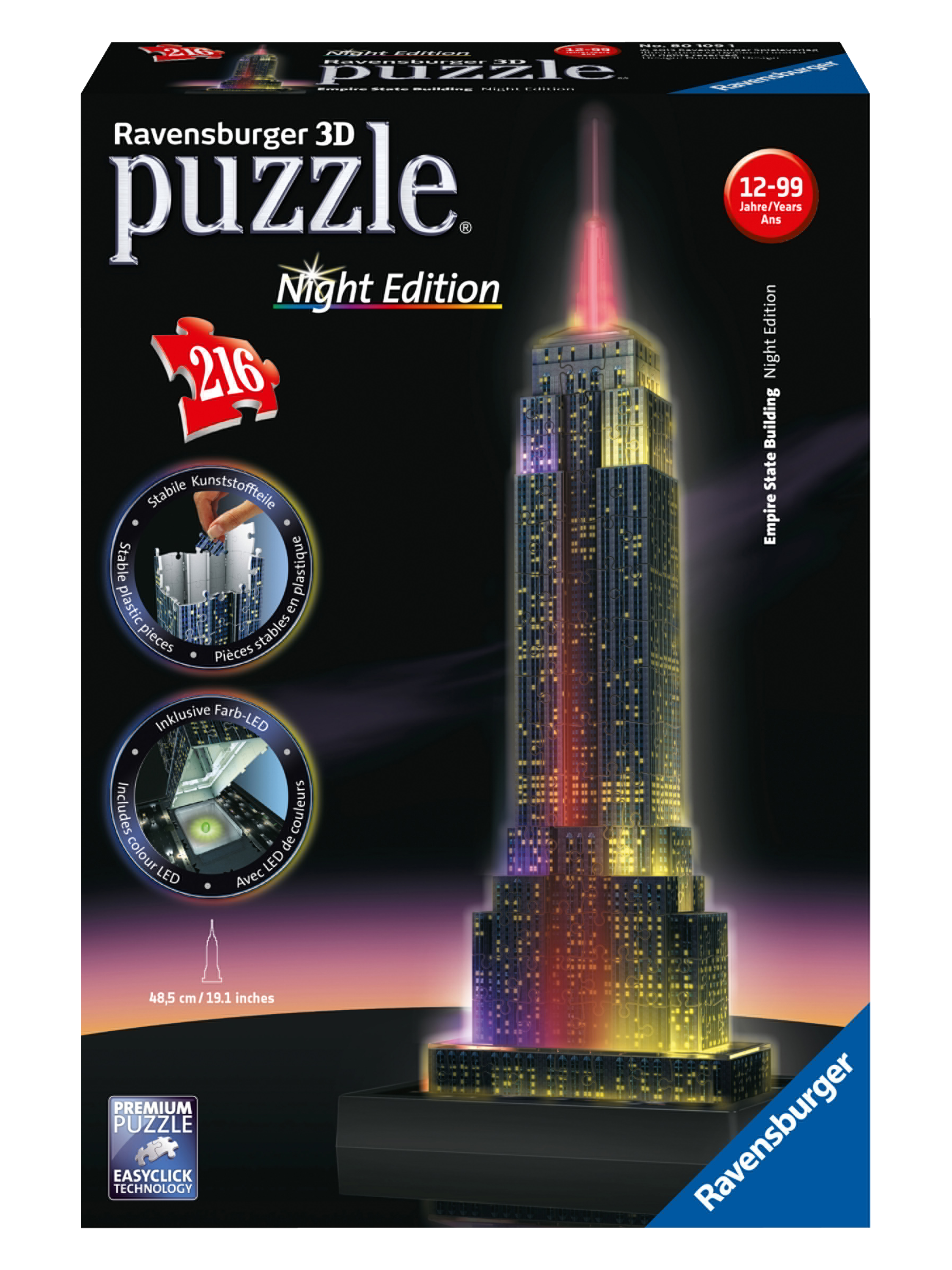 RAVENSBURGER 3D puzzle budova, 216-dielne, s LED svetlom. (Empire State)