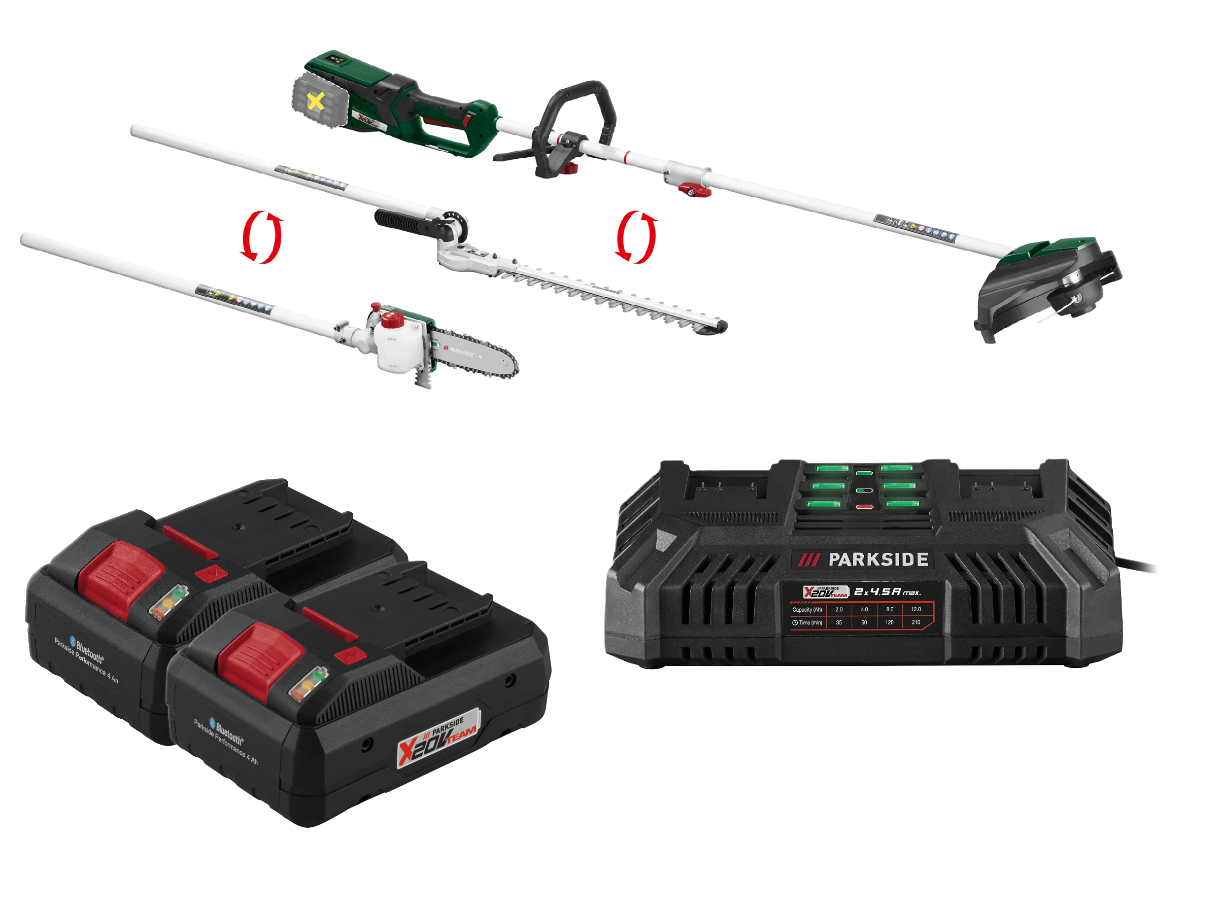E-shop PARKSIDE® Aku záhradné kombinované náradie PGKGA 40-Li B2 + Smart akumulátor 20 V/4 Ah, 2 kusy + Dvojitá nabíjačka 20 V/4,5 A