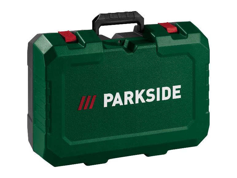 Zelený kufor na náradie Parkside s červenými západkami a čiernou rukoväťou.
