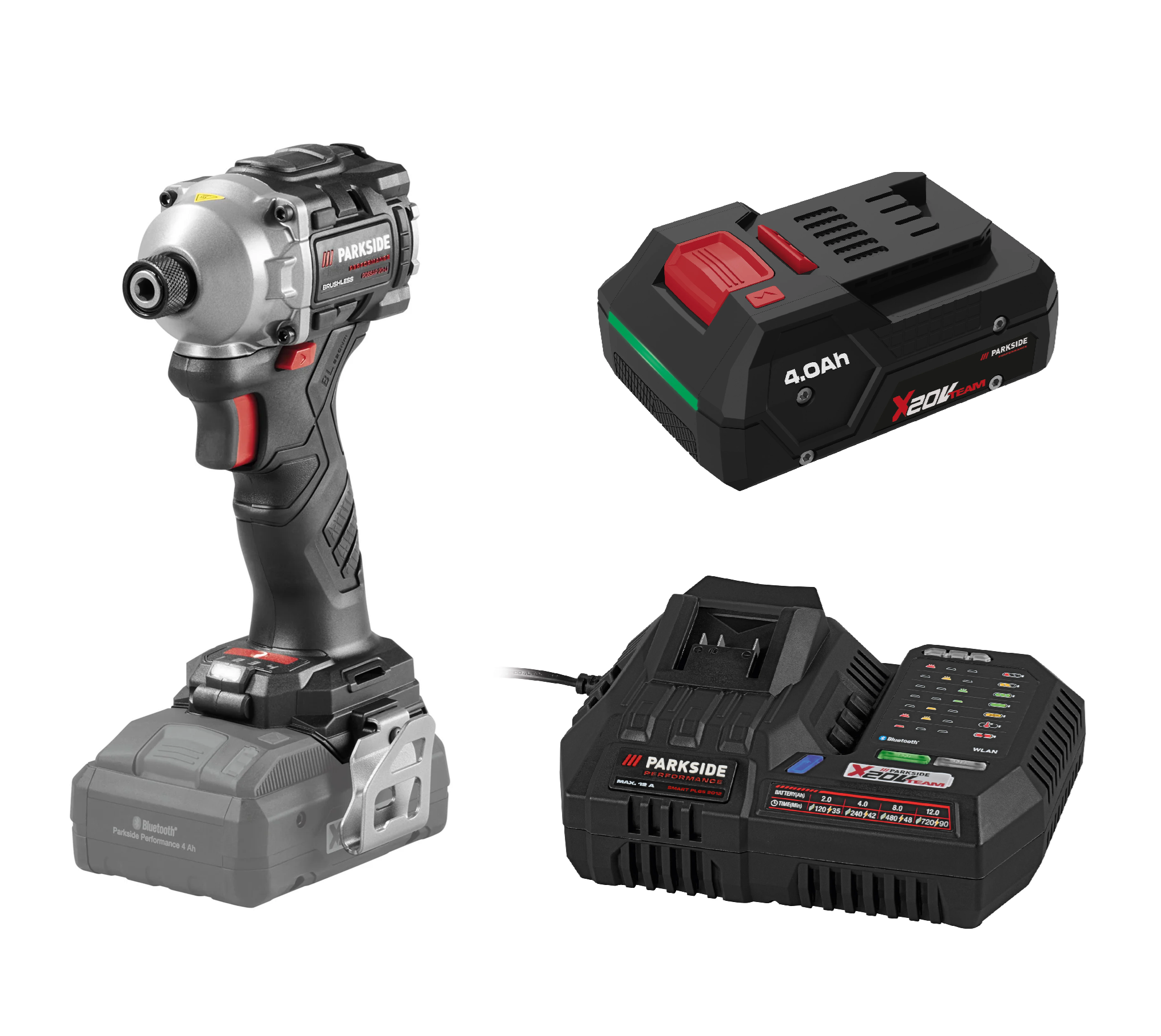 PARKSIDE PERFORMANCE® Aku rázový uťahovák PDSSAP 20-Li D3 + Smart nabíjačka akumulátora 20 V/12 A + Smart akumulátor 20 V/4 Ah