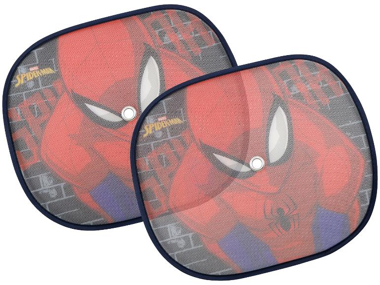 Dve slnečné clony do auta Marvel Spider-Man s pozadím tehlovej steny.