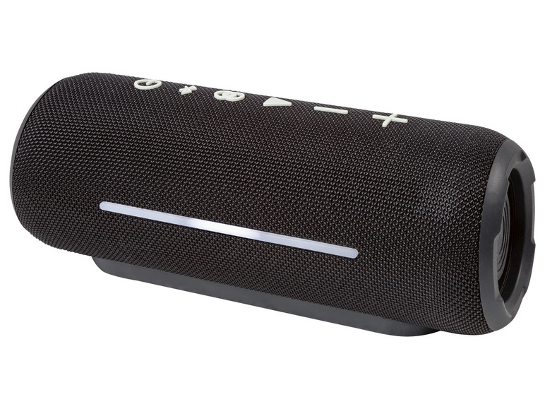 Čierny prenosný Bluetooth reproduktor s LED svetlom.