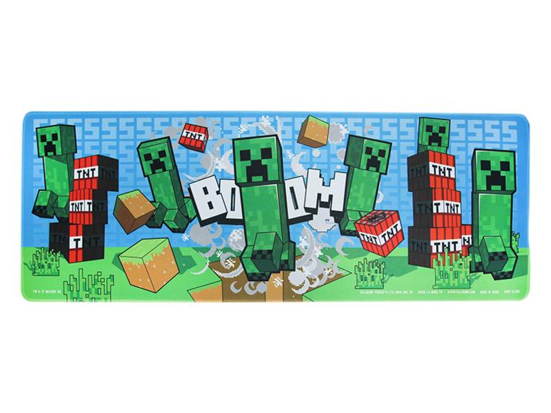 Podložka na stôl s motívom Minecraft s Creepermi, TNT blokmi a slovom „BOOM“.