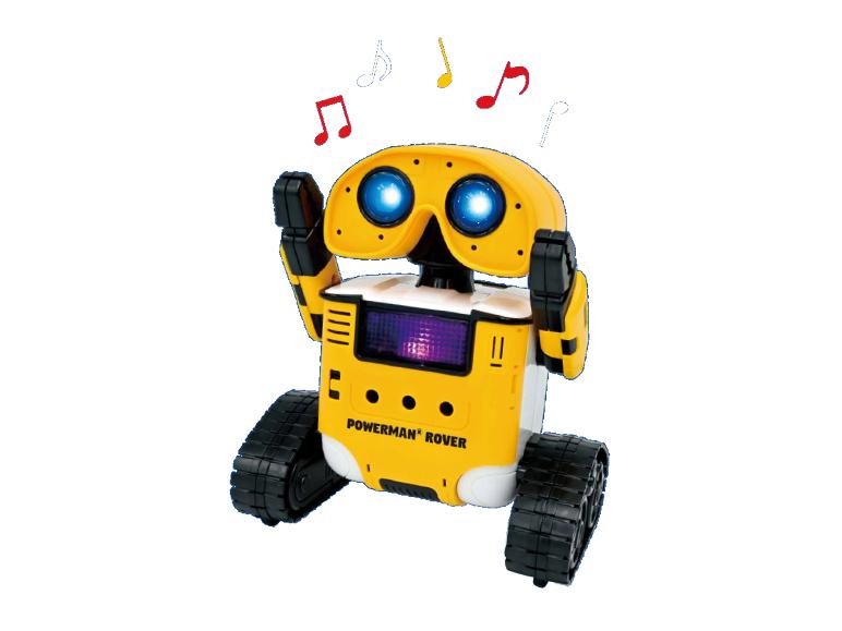 Žltý a biely robot s pásmi, svietiacimi modrými očami a hudobnými notami nad hlavou.