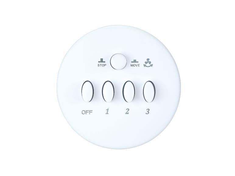 Biely kruhový ovládací panel ventilátora s nastaveniami zastavenia, pohybu, oscilácie a rýchlosti (vypnuté, 1, 2, 3).