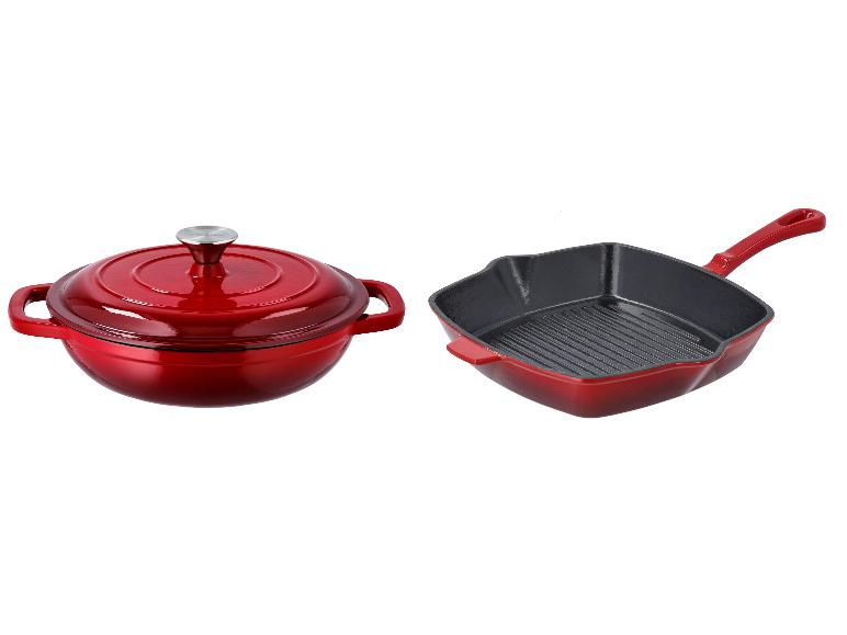 SILVERCREST® Liatinová servírovacia panvica, 2,4 l, červená + Liatinová grilovacia panvica, 24 cm, červená