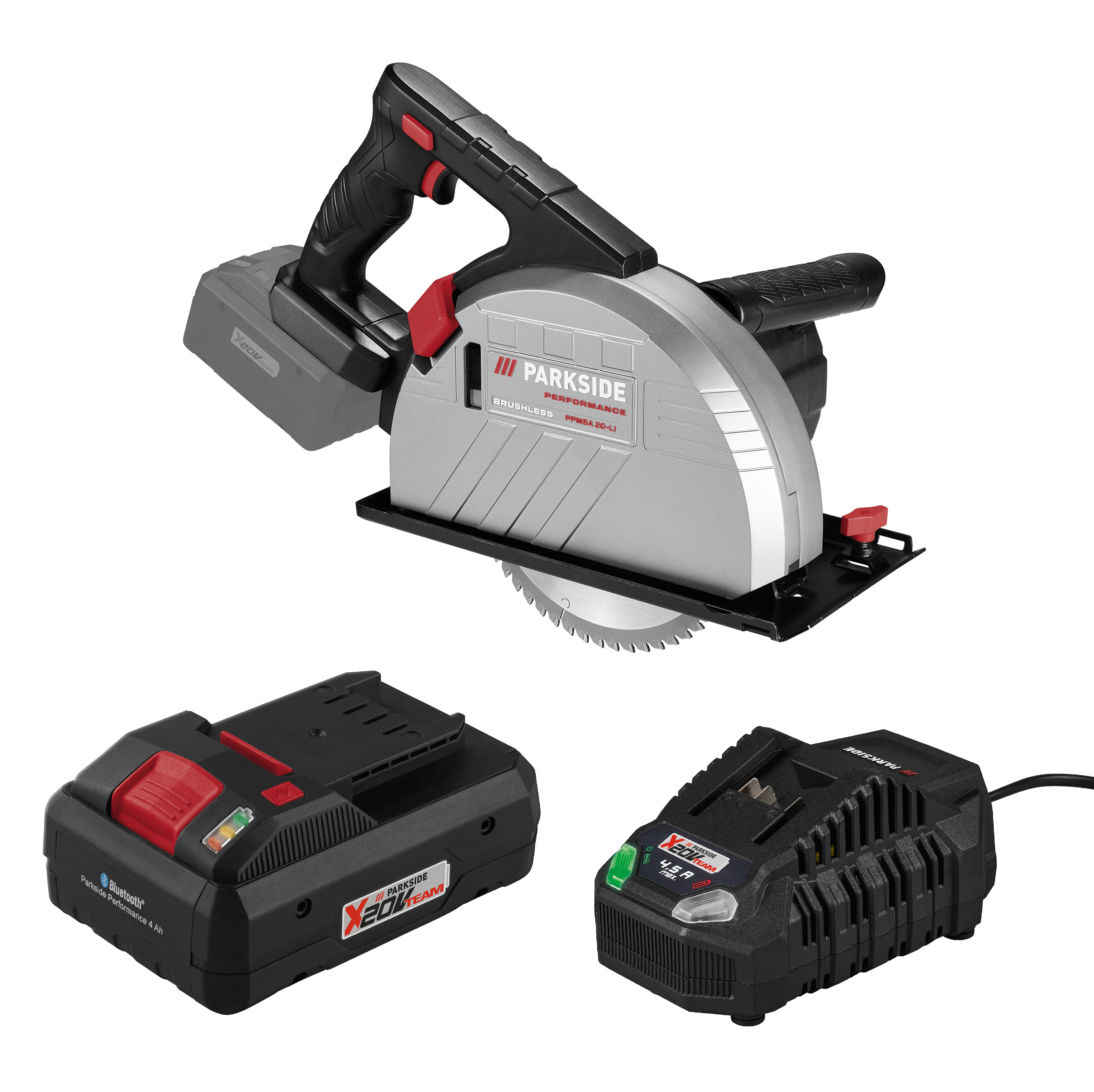 PARKSIDE PERFORMANCE® Aku ručná kotúčová píla na kov PPMSA 20-Li A1 + Smart akumulátor 20 V/4 Ah + Rýchlonabíjačka akumulátora 20 V/4,5 A
