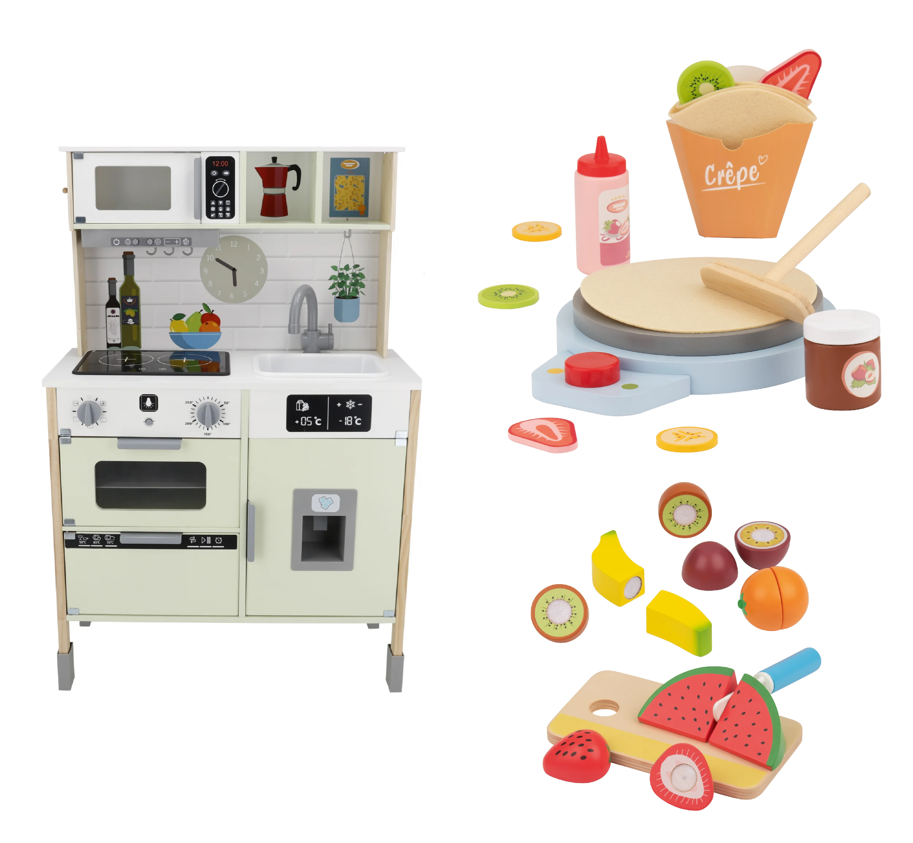 LUPILU® Detská drevená kuchynka + Príslušenstvo do detskej kuchyne + Detské drevené potraviny