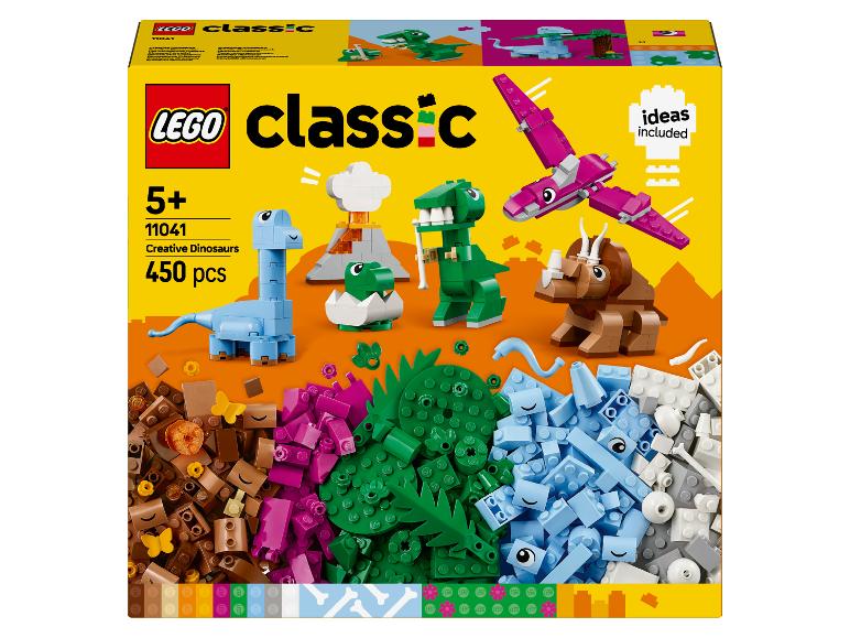 Krabička LEGO Classic Creative Dinosaurs so 450 dielikmi, zobrazujúca postavené dinosaury a farebné kocky.