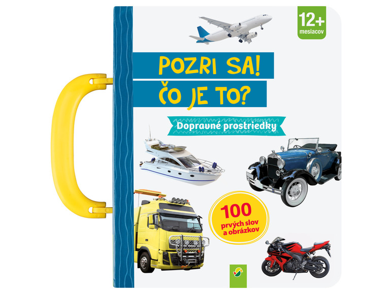 Kniha s obrázkami dopravných prostriedkov, vrátane lietadla, lode, auta a motorky.