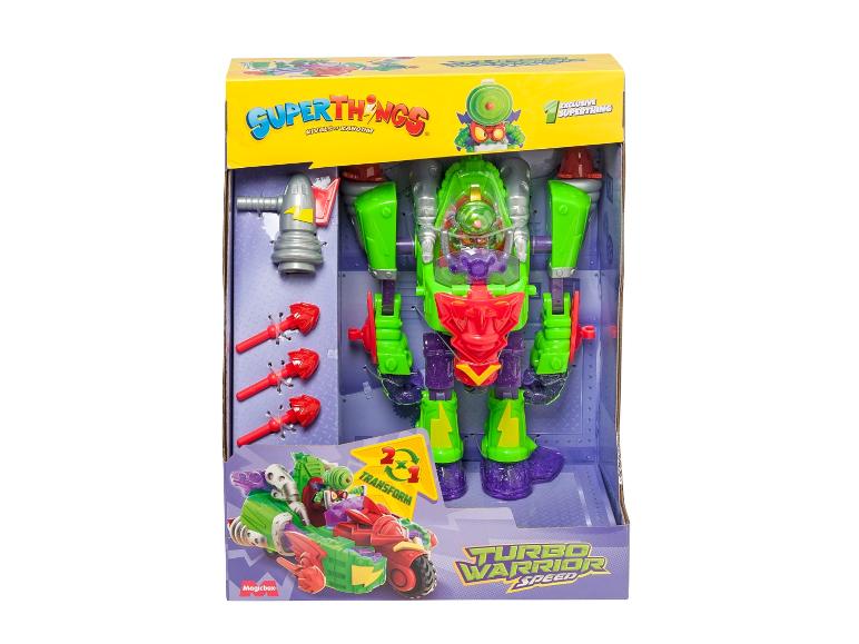Hračka SuperThings Turbo Warrior Speed, zelený a fialový robot v otvorenej krabici.