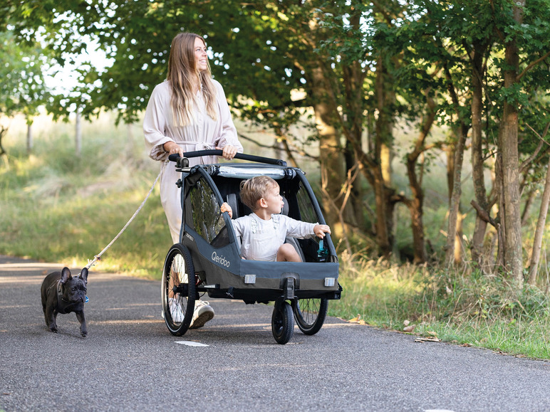 Žena kráča s kočíkom Qeridoo, psom a dieťaťom.