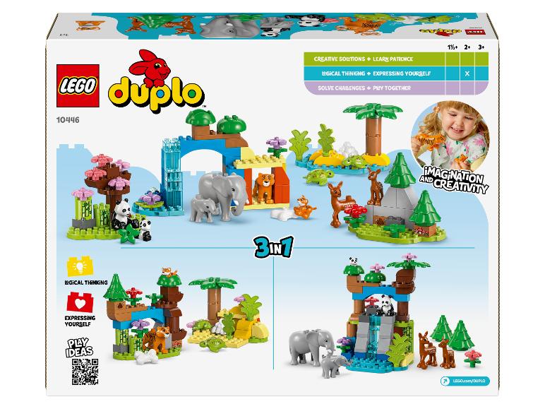 Krabička LEGO Duplo 10446 s 3-v-1 súpravami divokých zvierat a hrajúcim sa dievčatkom.